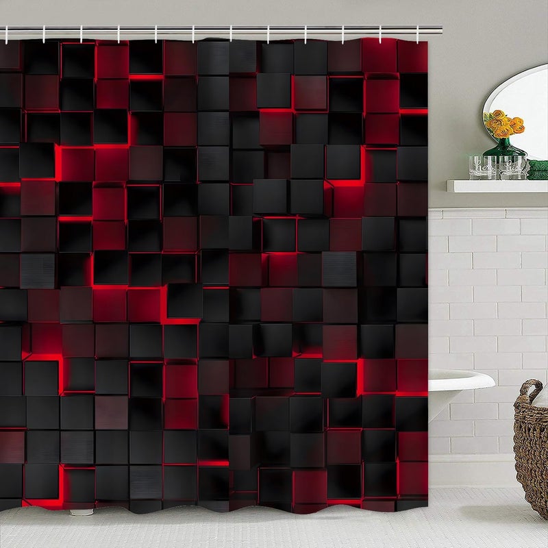 LQCOOL 4Pcs Shower Curtain Set Black 3D Cubes Shower Curtain Set Modern Bathroom Sets with Shower Curtain and Rugs Red Shower Curtain with 12 Hooks - Image 2